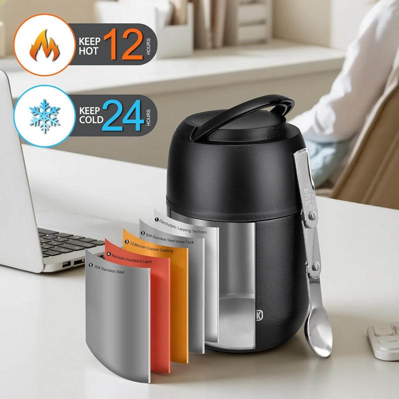 JOOPETALK 17 oz Insulated Lunch Containers, Black, Vacuum Stainless Steel Thermo Lunch Box with Handle and Folding Spoon for School, Office, Travel - Image 3